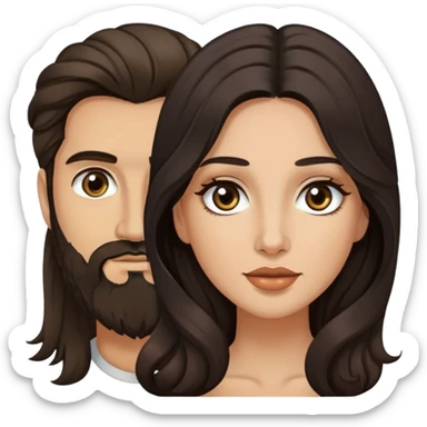 woman with olive skin, brown eyes and long lashes, and long black wavy hair with pale skinned hazel eyed man with brown hair and beard sticker