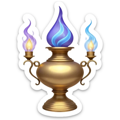 mystical fantasy illustration of a powerful jinn emerging from an ancient golden lamp. Glowing blue and purple smoke spirals upward in a smooth circular motion, creating the illusion of a looping animation.  sticker