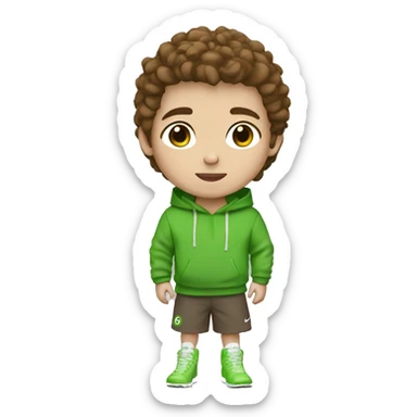 Boy White skin and some freckles, brown eyes brown hair with a green nike hoodie sticker