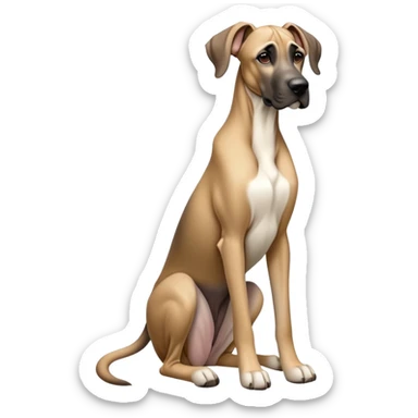 cinematic-[fawn great dane]-realistic-full-body-sitting-emoji,-tail-resting-loosely-beside-its-paws,-head-tilted-dramatically, ears drooped, -sleek-[fawn]-fur,-simplified-yet-realistic-focused-features,-highly-detailed,-glowing-with-an-almost-sarcastic-glow sticker