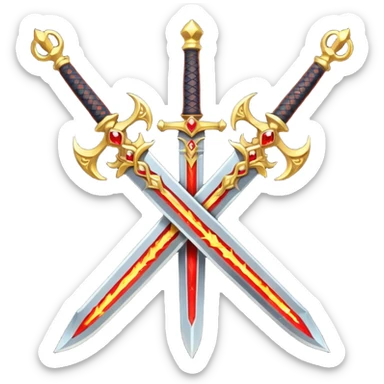 Two crossed swords that are golden in blade and handle and have fiery and royal appearence to them as well as red gem stones yellow in color sticker