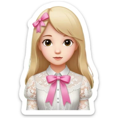  A girl with straight hair, a pink ribbon in her hair, and a white lace blouse, standing in a blooming garden. sticker