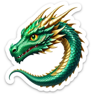 cinematic-noble-dragon-portrait-emoji,-poised-and-majestic,-with-a-sinuous,-elongated-body-covered-in-intricately-detailed,-shimmering-scales-in-hues-of-emerald-and-gold,-and-piercing,-fiery-eyes-that-reflect-ancient-wisdom; sticker
