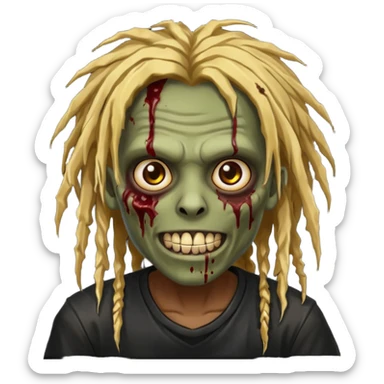 zombie with brown skin, messy gold dreads hair, wide centered brown eyes, dark bloody marks under the eyes, and a smile showing shiny metal teeth,black shirt, giving a distressed, undead look. sticker