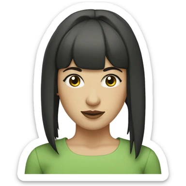 dark haired women with chopped bangs and a bun, west asian appearance, pale skin, green ey sticker