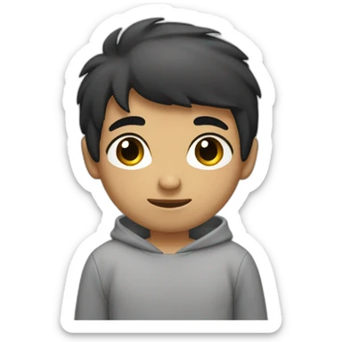 Boy with black hair, medium black eyes with a gray sweatshirt sticker