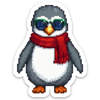 Add a red scarf to the penguin in pixel art style, with no background. Maintain the pixel art aesthetic and details. sticker