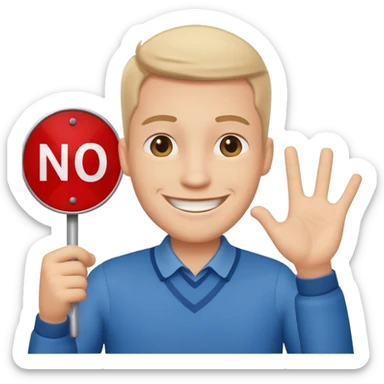 smiling man with a 'no problem' sign sticker