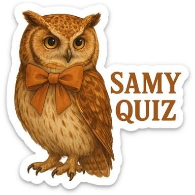 owl with bow and text 'SAMY QUIZ' in the same color palette as the reference image, realistic style sticker