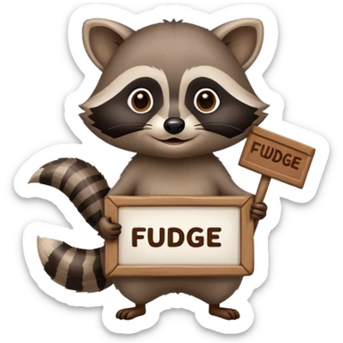Raccoon holding a sign that says Fudge sticker