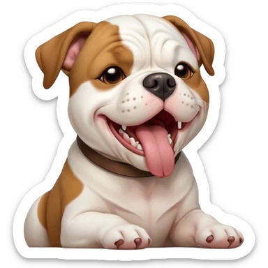 Cinematic Cute Yawning White and Brown American Bulldog Portrait Emoji, Head tilted slightly with a dramatic, wide-open yawn, soft white fur with bold brown patches, floppy ears slightly drooping, round brown eyes barely open in drowsy contentment, Simplified yet irresistibly adorable features, highly detailed, glowing with a soft, cozy glow, high shine, relaxed yet expressive, stylized with a touch of whimsy, bright and endearing, soft glowing outline, capturing the essence of a sleepy yet affectionate pup, so drowsy it feels like it could stretch right out of the screen and curl up for a nap! sticker