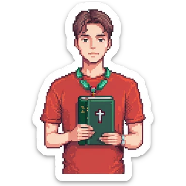 man with clean haircut, wearing a red shirt and cross necklace, holding a book sticker