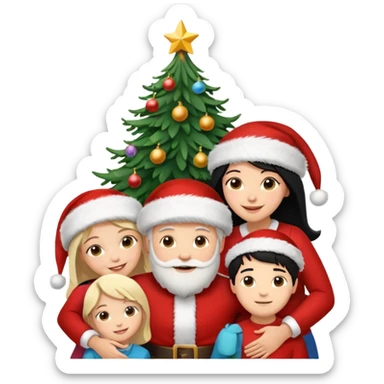 Generate Christmas-style emojis  family. Where light-skinned people stand near the tree all together, hugging and smiling.  girl should be Light-haired woman, woman, black-haired woman, and 1 man . Add 4 people: Mother, Sister, Sister, Brother  sticker