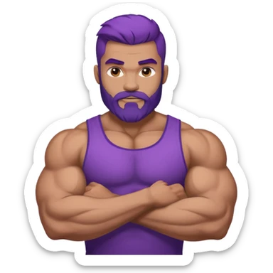 strong muscular man with big bicepts with half dark brown and half purple hair with beard sticker