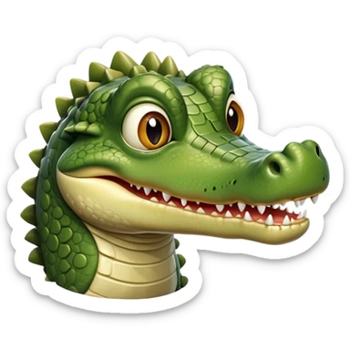 cinematic-realistic-cute-crocodile-portrait-emoji,-head-tilted-playfully-and-inquisitively,-featuring-a-robust,-well-defined-build-with-intricately-detailed,-glossy-olive-green-scales-and-a-surprisingly-endearing-face-with-round,-sparkling eyes sticker