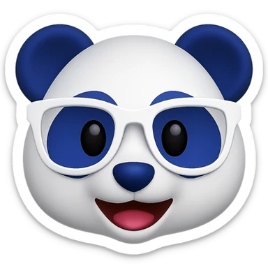 Create a 3D emoji of a panda face inspired by the classic panda emoji style but with a white and #002FA7 blue color scheme instead of white and black. The panda should wear stylish white designer glasses. Keep the look playful and modern, with a smooth 3D finish and no background. The style should resemble a smooth 3D emoji look. sticker