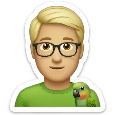short-haired blonde man with glasses and a green cheeked conure on his shoulder sticker