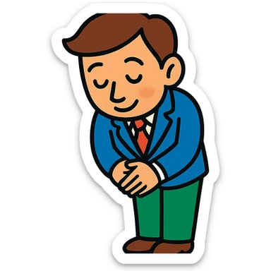 polite person bowing slightly, hands together, respectful expression, vibrant toon style sticker