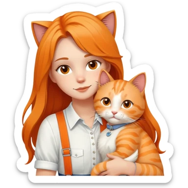White girl - long hair - white suspenders - hugging - a orange cat sticker