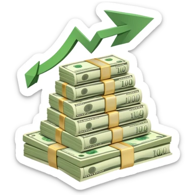 upward arrow next to a growing stack of cash money bills, financial growth sticker