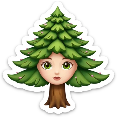 Petit sapin vert sylvestre, féminin, regard malicieux, tâches de rousseurs délicates, joues roses. Yeux de biche brillants en forme amande, yeux couleur ambre, tronc couleur acajou. Sapin en mouvement, incurvé pour un effet vivant. sticker