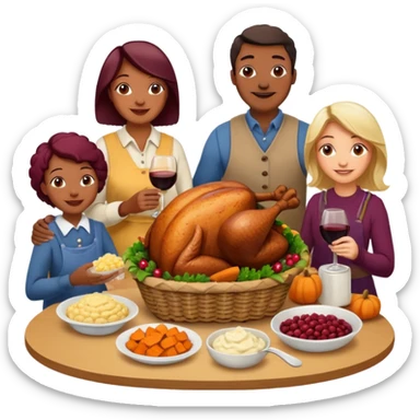 Thanksgiving Dinner with 10 people of different skin color around the table; have the food be a cooked turkey, mashed potatoes, corn, a basket of biscuits, a small bowl of cranberry sauce, baked yams, steamed vegetables, and a bottle of wine. sticker