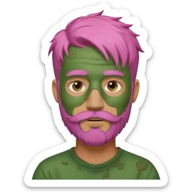 pink haired man with full full face dirty messy green clay mask and beard sticker
