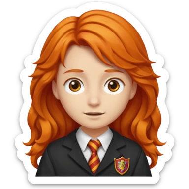A iphone emoji with long wavy fierce orange hair and hazel eyes, wearing Gryffindor school uniform sticker