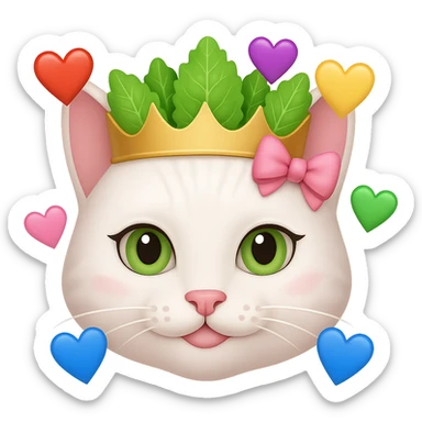 Add hearts around a white cat with a pink bow and a green lettuce crown in emoji style, no background. sticker