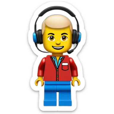LEGO customer service bald men with headset with red shirt sticker