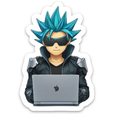 developer behind his laptop with this style : yu-gi-oh manga anime with nanosuit hacker themed character sticker