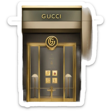 “Gucci store exterior with gold logo above entrance, large glass windows displaying luxury fashion, and elegant double doors.” sticker