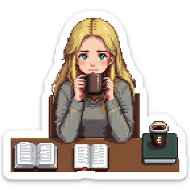 blonde straight-haired girl in survival mode, slouched at desk with coffee and textbooks, exhausted expression, last month of school sticker