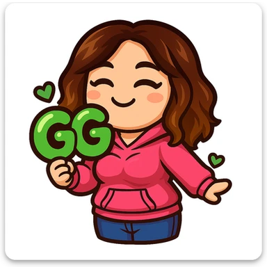 Sticker style chibi emote, matching the attached green heart emote as a base, but with a slightly skinnier body and a bigger chest. Woman from reference, pink hoodie and blue jeans, holding a large, bubbly 'GG' sign with hearts, cute happy face, no headband, no wand, transparent background. Top color should not match jeans. sticker