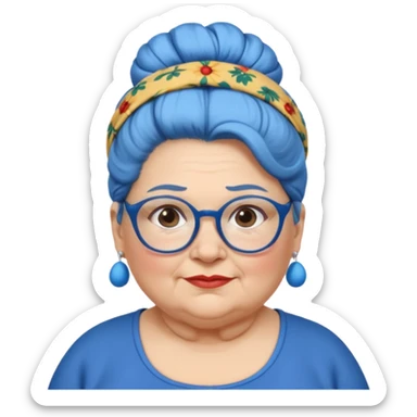 fat old woman with blue big bun hair and glassess and headband, no earrings sticker