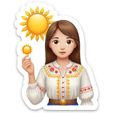 Young Ukrainian girl with brown hair wearing a white embroidered traditional shirt holding a bright sun in her hand sticker