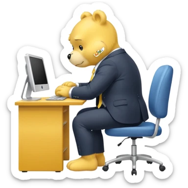 Yellow Care bear sad in suit back view, sit on a chair, working on a computer, with a big desk sticker