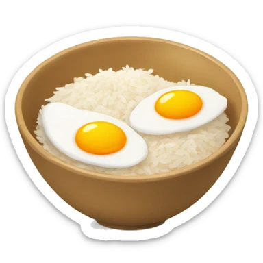 a bowl of rice with two eggs and two chicken sticker