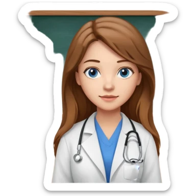 pretty female nursing student with long brown hair, blue eyes inside a classroom at university with blackboard behind her sticker