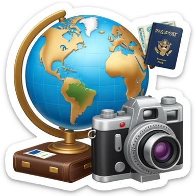 Globe with passport and camera, world travel sticker