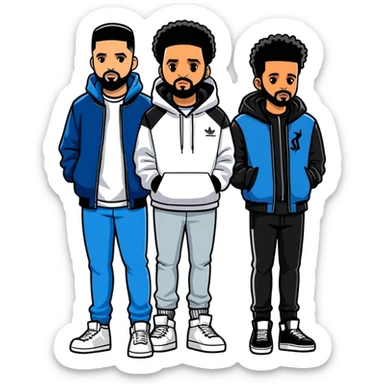 Toronto celebrities and musicians drake and the weeknd, illustration, sticker. must be ultra hyperrealistic, full body view of both people and mirco-detailed, 3D sticker design
 Must be 8k hd, 8000x8000px resolution. Must use very thin transparent smooth lines sticker