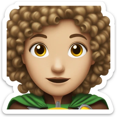 white girl with brown curly hair dressed as robin dc hero sticker