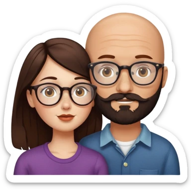 Couple. Bald man with dark brown-black beard. White woman with many small, faded freckles, she has white skin and she has auburn-brown-cinnamon, dark long hair. She has light brown eyes. The man have hazel eyes and the man wear glass. She have light eyes. Retro style. She kisses him. sticker