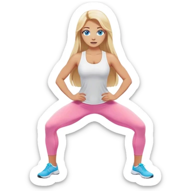 A cinematically realistic blonde with long hair and blue eyes, dressed in a white top and pink leggings, does a sports exercise called lunges sticker