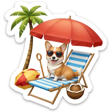 a corgi dog laied on a beach chair, a sunny beach, a sun umbrella, and beach coconut trees. the icon should capture the essence of a relaxing beach vacation with a carefree atmosphere sticker