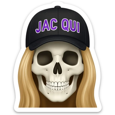 Create a skeleton head wearing a black baseball cap that says " J A C Q U I " in purple, and white lettering, with long blonde hair sticker