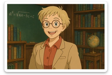 Mujer profesora rubia, pelo corto, gafas redondas, sonrisa amplia, estilo ghibli sticker