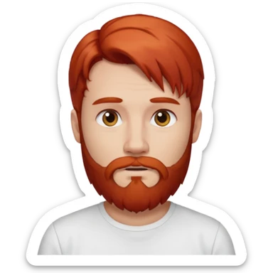 red long hair bearded man with shirt sticker
