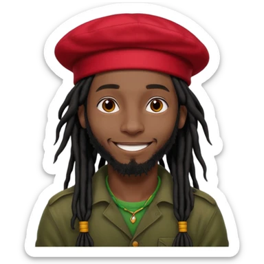 young Black man, long tied-back black dreadlocks, red beret, reggae fashion, smiling sticker