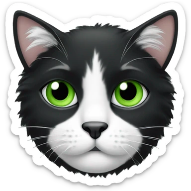 fluffy black and white cat with a half white and half balck face and green eyes sticker